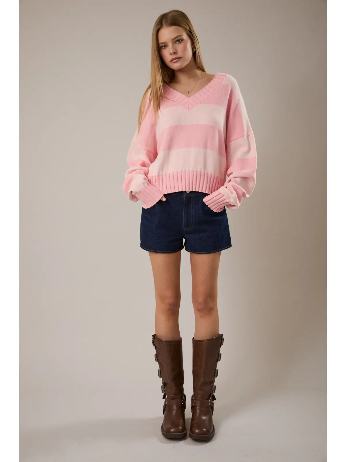 LS V Neck Stripe Pink Sweater