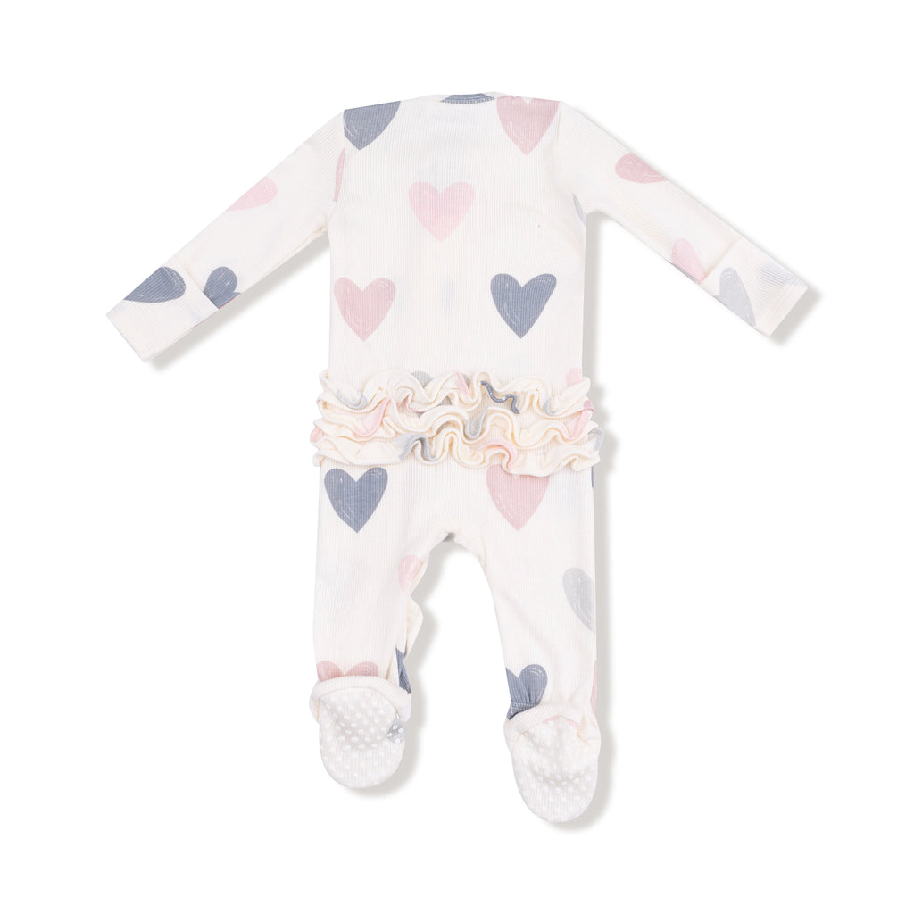 Hearts - Modal Rib - 2 Way Ruffle Zipper Footie