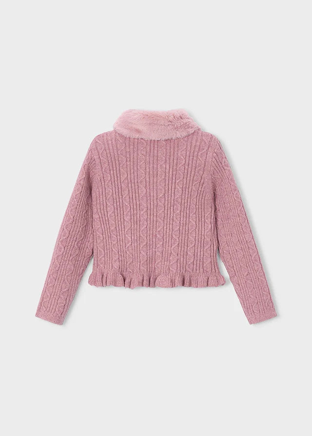 Rasberry Knit Cardigan with Faux Fur Collar