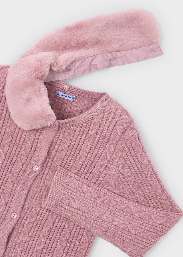 Rasberry Knit Cardigan with Faux Fur Collar