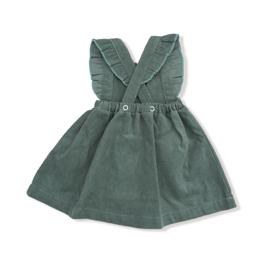 Corduroy - Dark Ivy - Pinafore Dress and Diaper Cover with Apple Applique (DC not pictured)