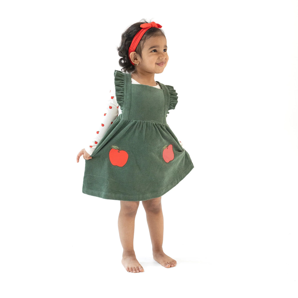 Corduroy - Dark Ivy - Pinafore Dress and Diaper Cover with Apple Applique (DC not pictured)