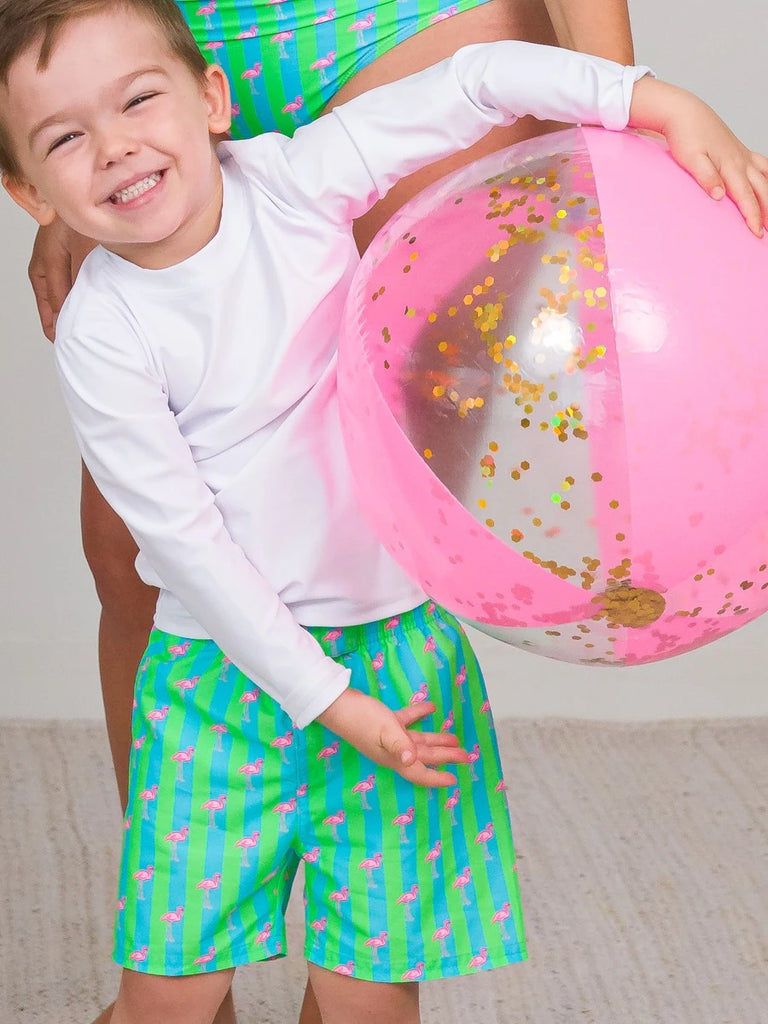 Neon Flamingo Stripe Swim Trunks