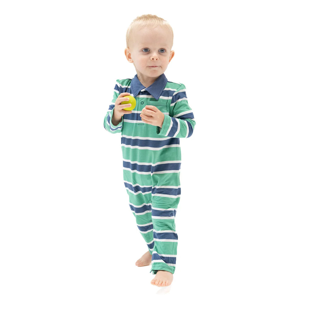 Rugby Stripe - Green and Navy - Polo Romper