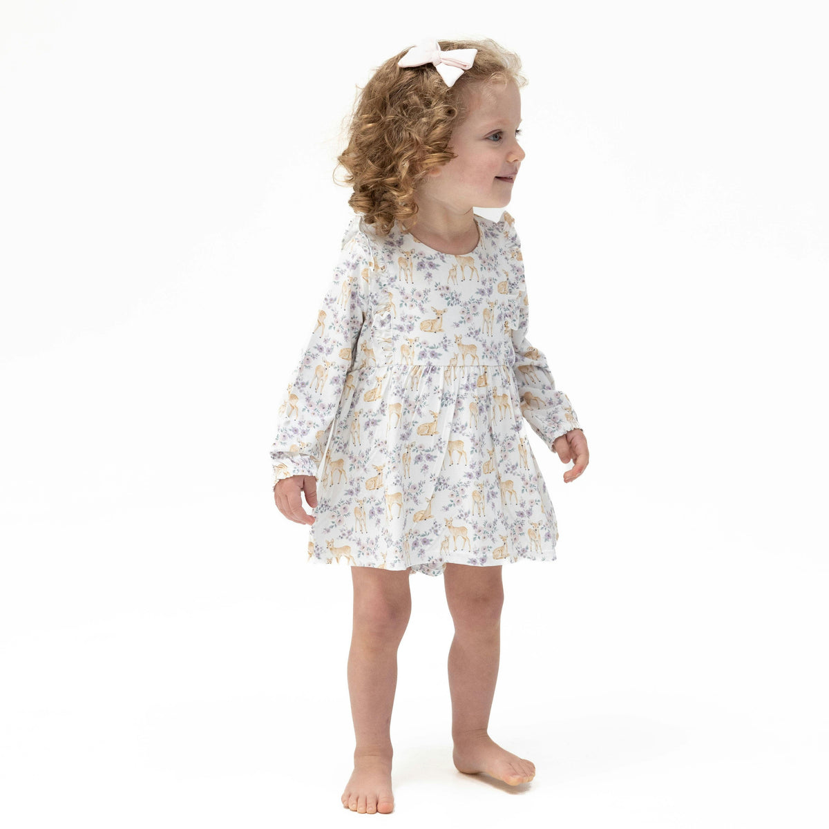 Floral Deer - Long Sleeve Ruffle Bodysuit Dress