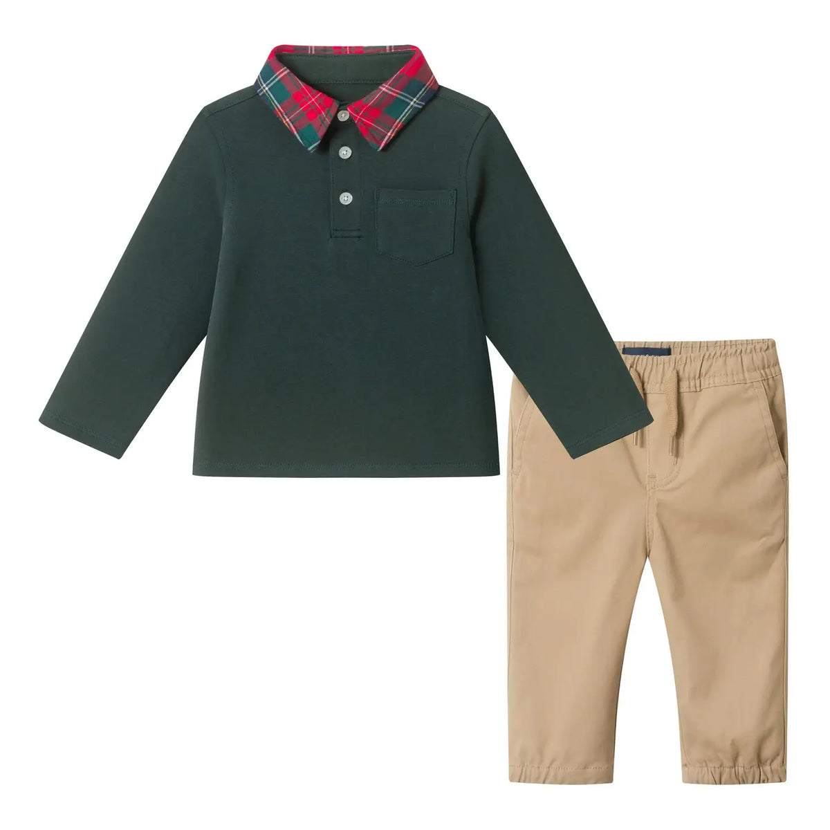 Plaid Collar Polo & Pant Set | Green