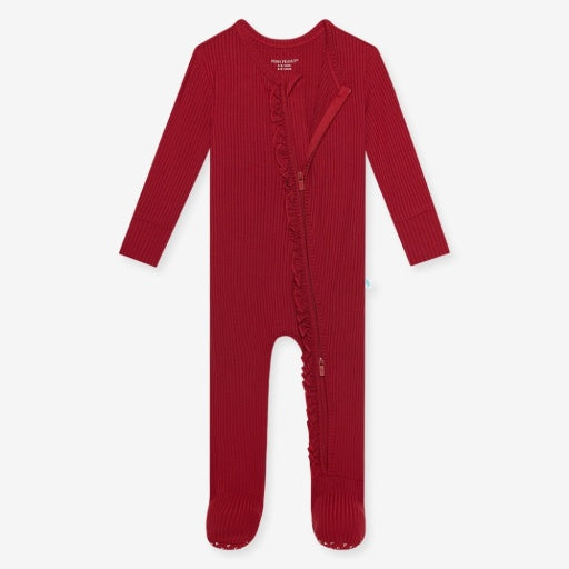 Solid Ribbed - Dark Red - Footie Ruffled Zippered One Piece