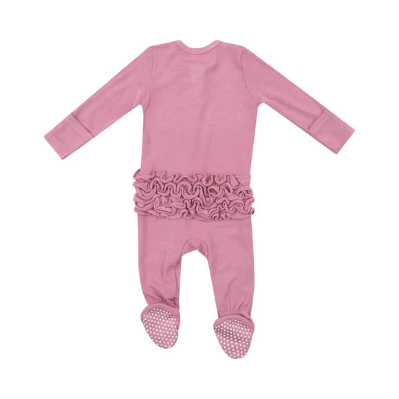 Ribbed Wild Rose -  2 Way Zipper Ruffle Back Footie