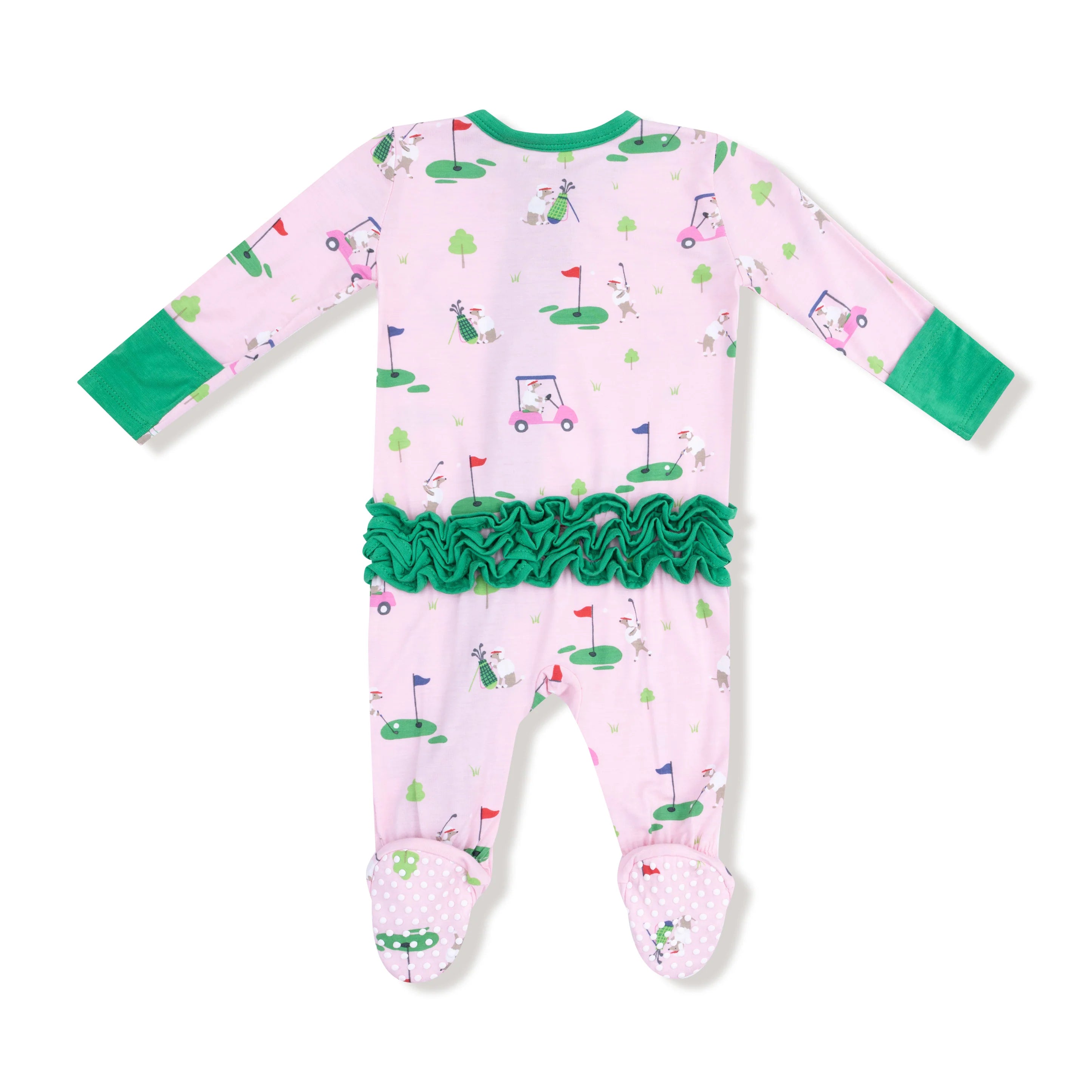 Dog Gone Golf - Pink - 2 Way Zipper Ruffle Back Footie