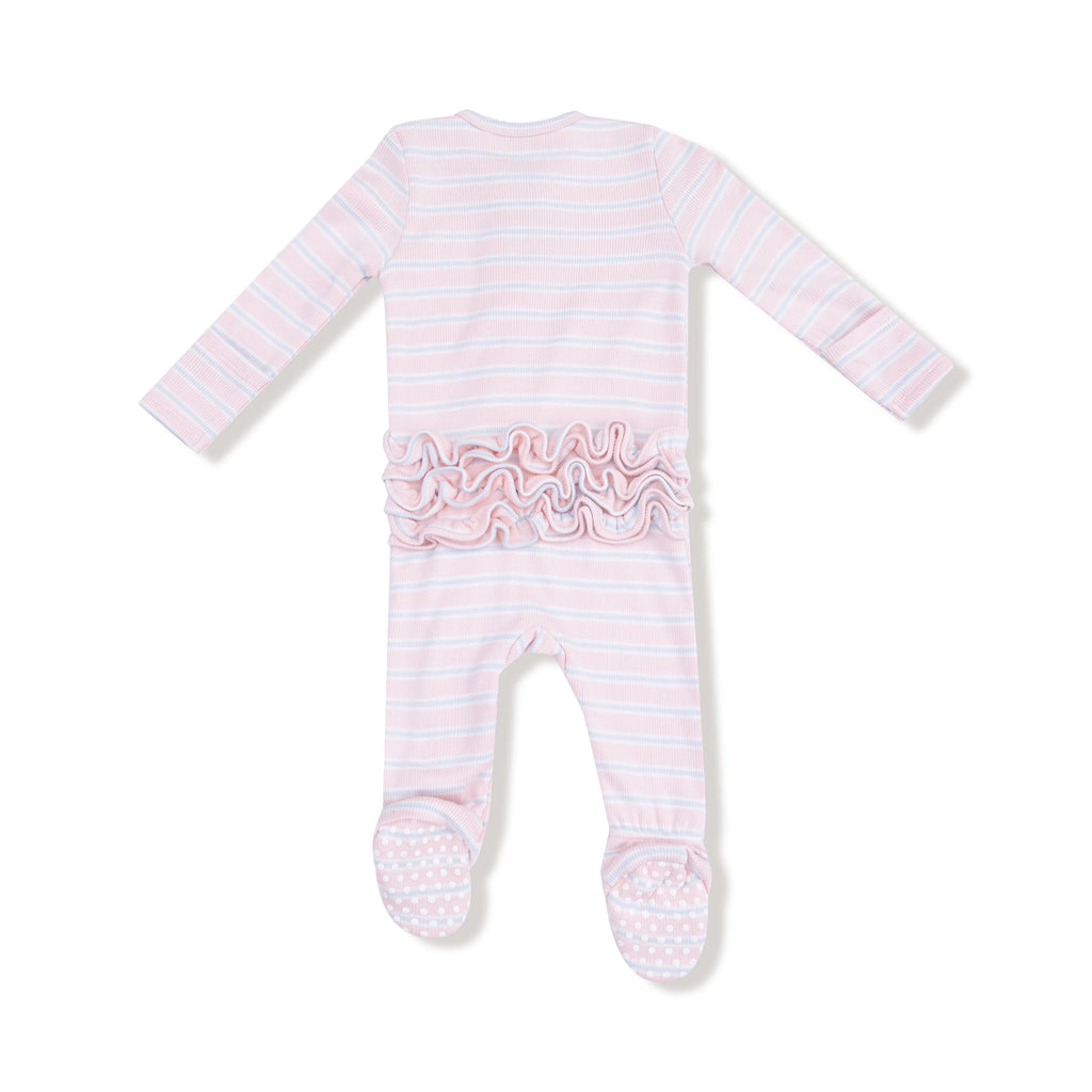 Basics - Multi Stripe - Pink  - 2 Way Zipper Ruffle Back Footie