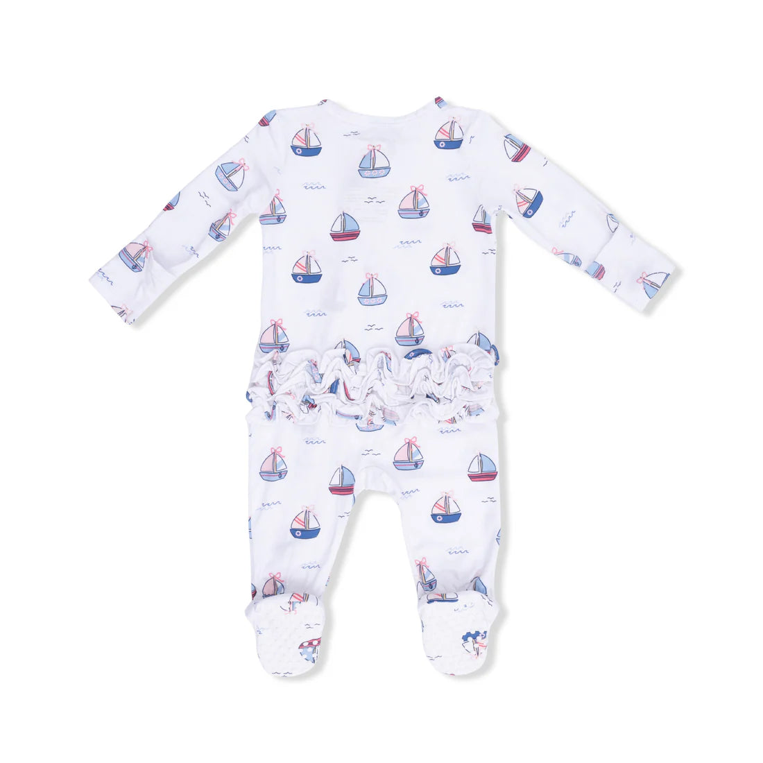 Bubbly Sailboats Pink - 2 Way Ruffle Back Zipper Footie