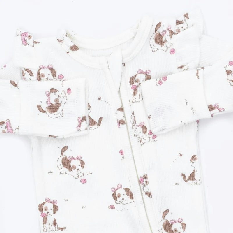 Explorer Puppy Pink - 2 Way Ruffle Sleeve Zipper Footie