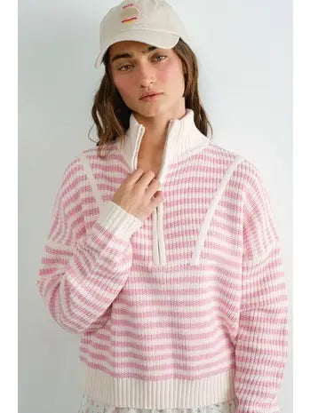 Preppy Californian Half-Zip Striped Sweater