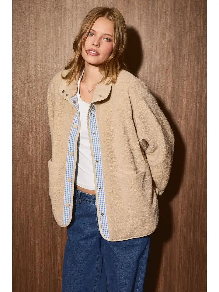 Gingham Trim Fleece Pullover Blue Multi