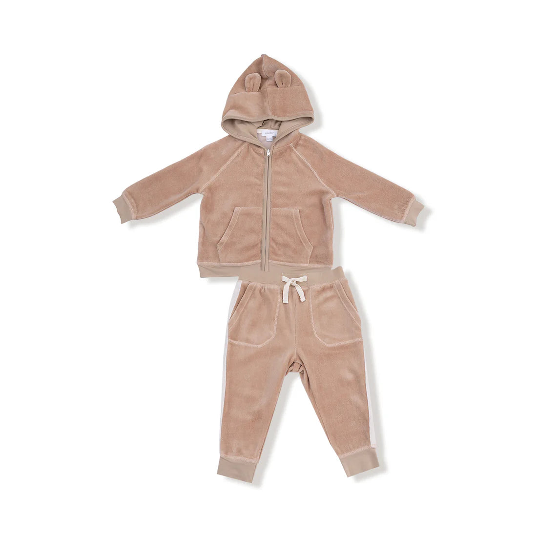 Velour Teddy Bear - Zip Bear Ear Hoodie + Varsity Stripe  Jogger Set