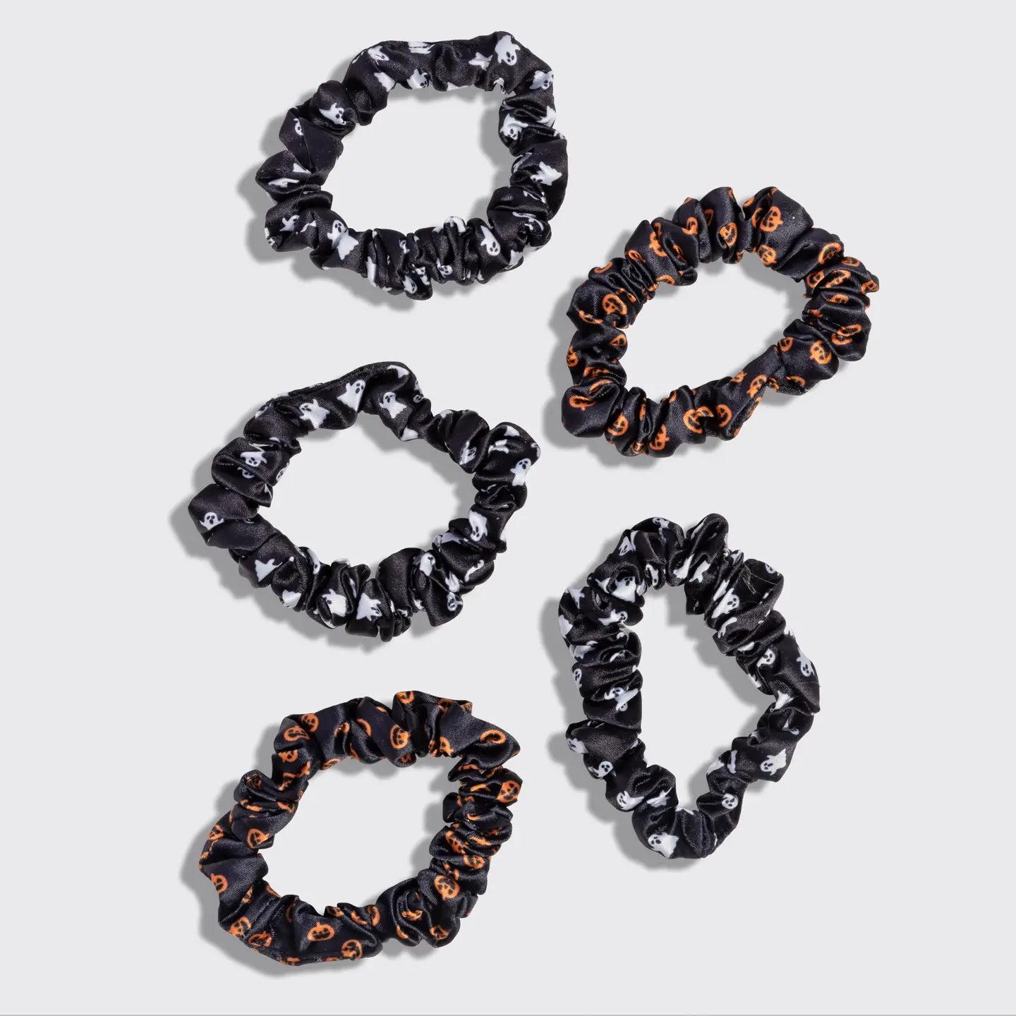 Ruched Satin Scrunchies 5pc- Ghosts & Pumpkins