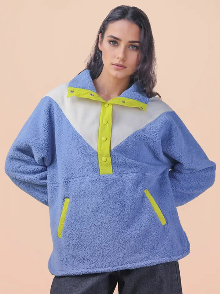 Half Button Down Colorblock Oversized Fleece