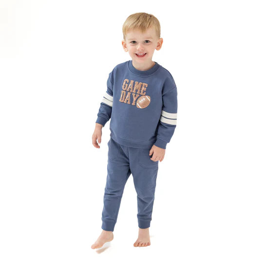 French Terry Sport - Varsity - Vintage Indigo - Cozy Drop Sleeve Sweatshirt W/ Varsity Stripes