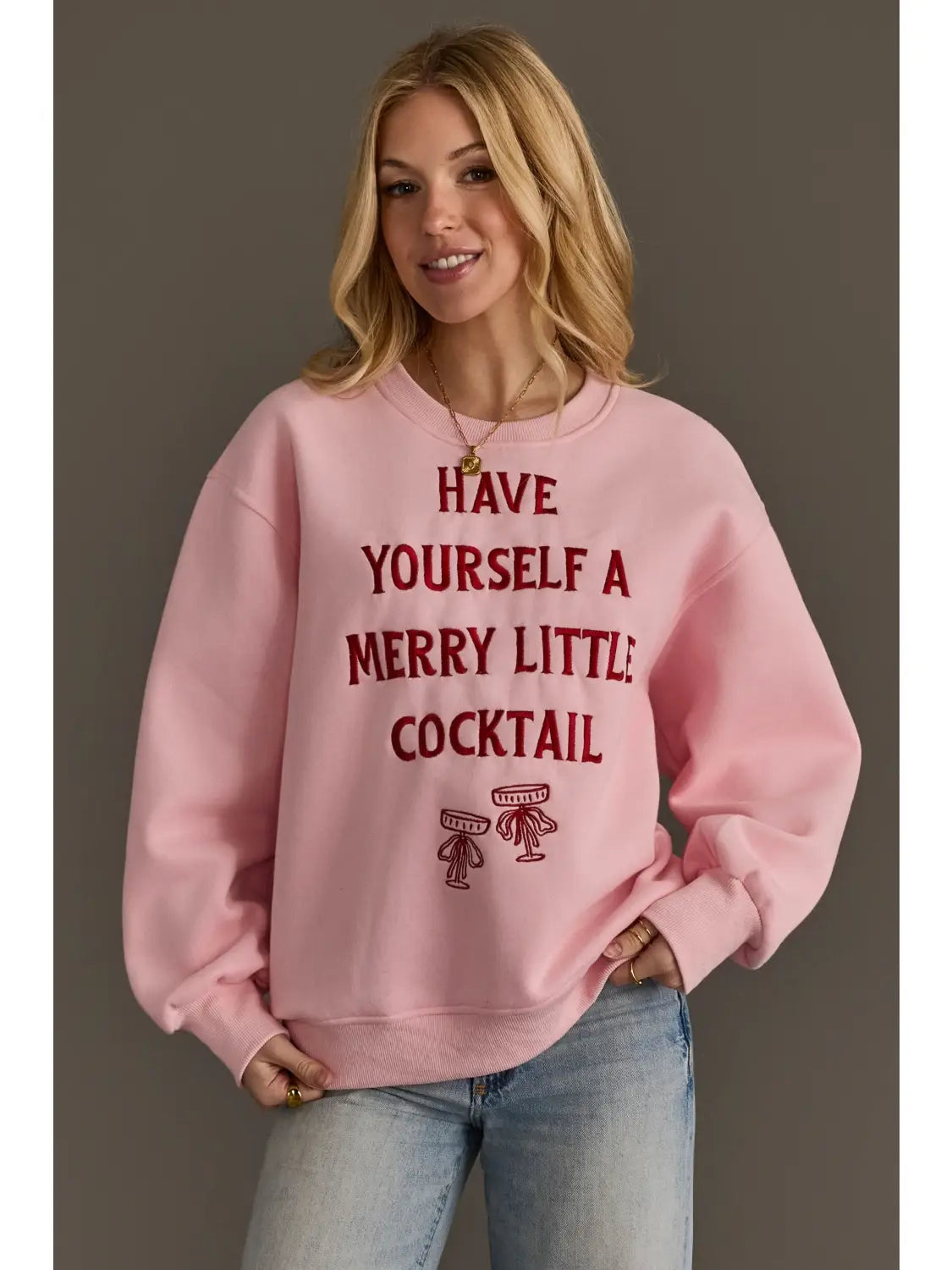 Pink Merry Little Cocktail Embroidered Sweatshirt