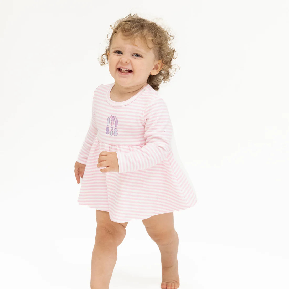 Stripes With Sibling Embroidery - Organic Cotton Jersey Lil Sis  - L/S Play Bodysuit Dress