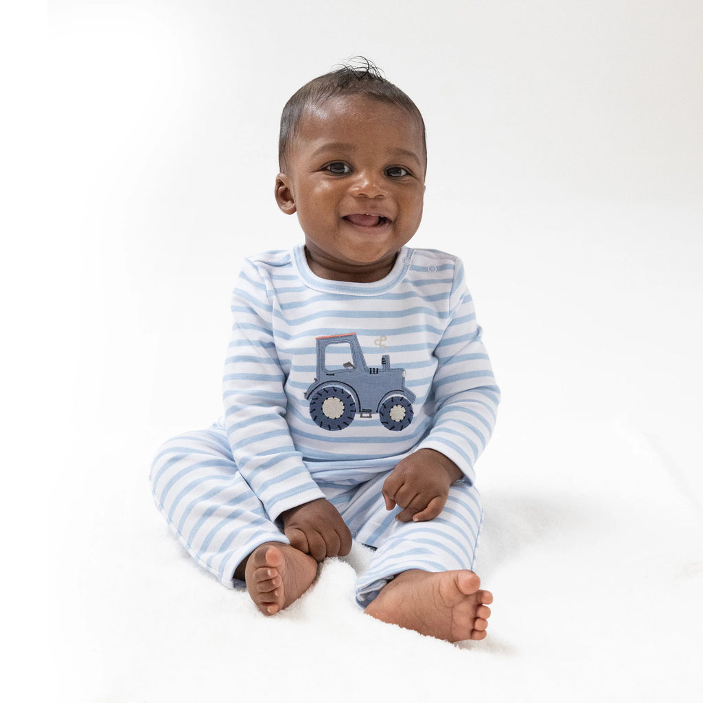 Organic Cotton Jersey - Mini Tractors - LS Snap Shoulder Romper with Tractor Applique