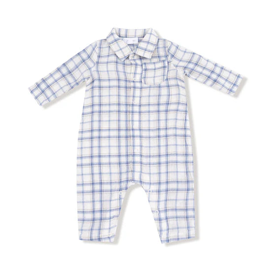 Blue Plaid - L/S Polo Romper w/ Full Placket