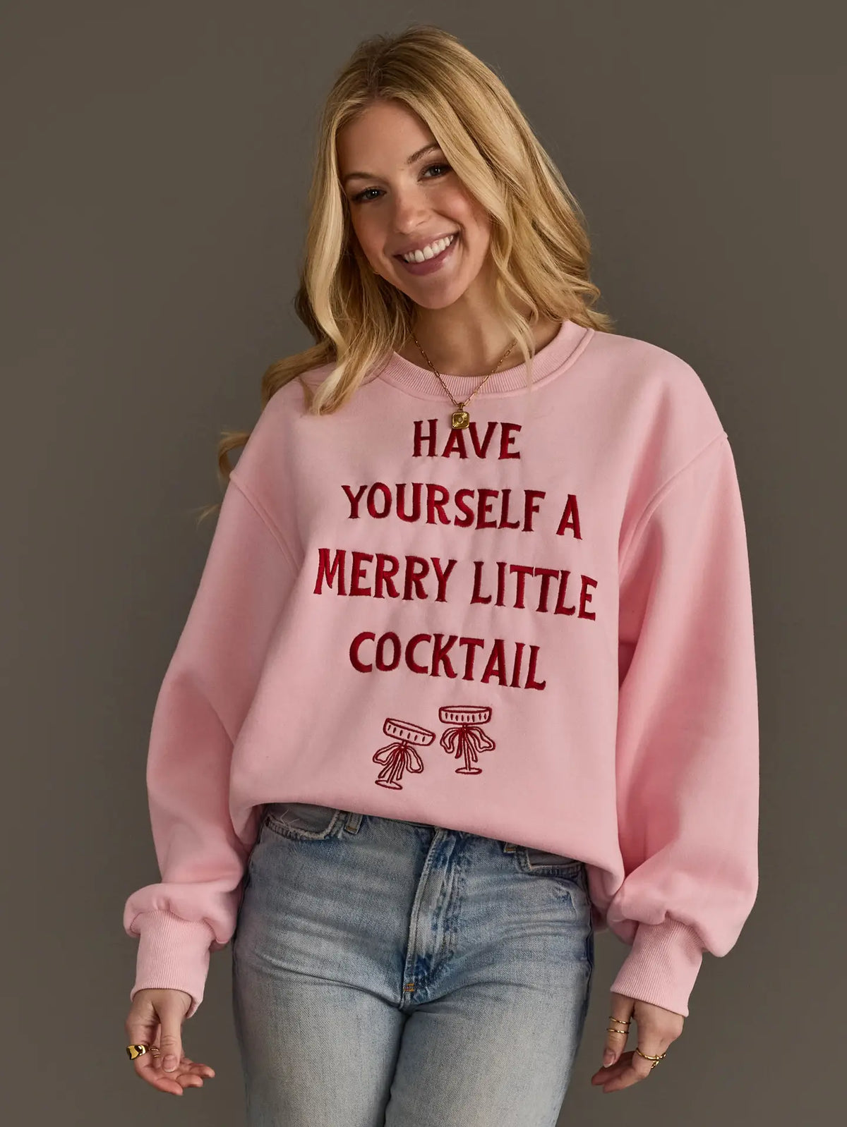 Pink Merry Little Cocktail Embroidered Sweatshirt