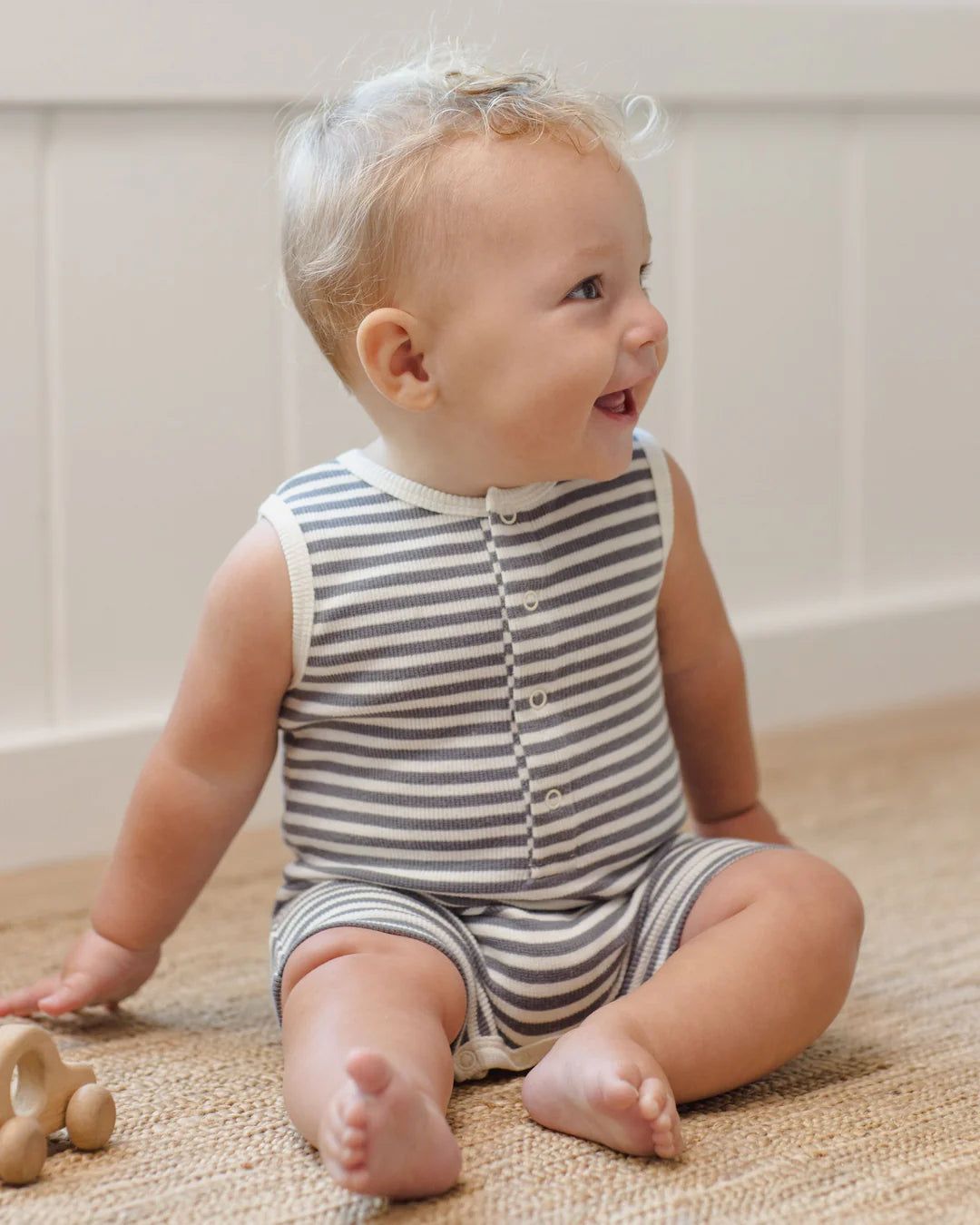 RIBBED HENLEY ROMPER OCEAN STRIPE