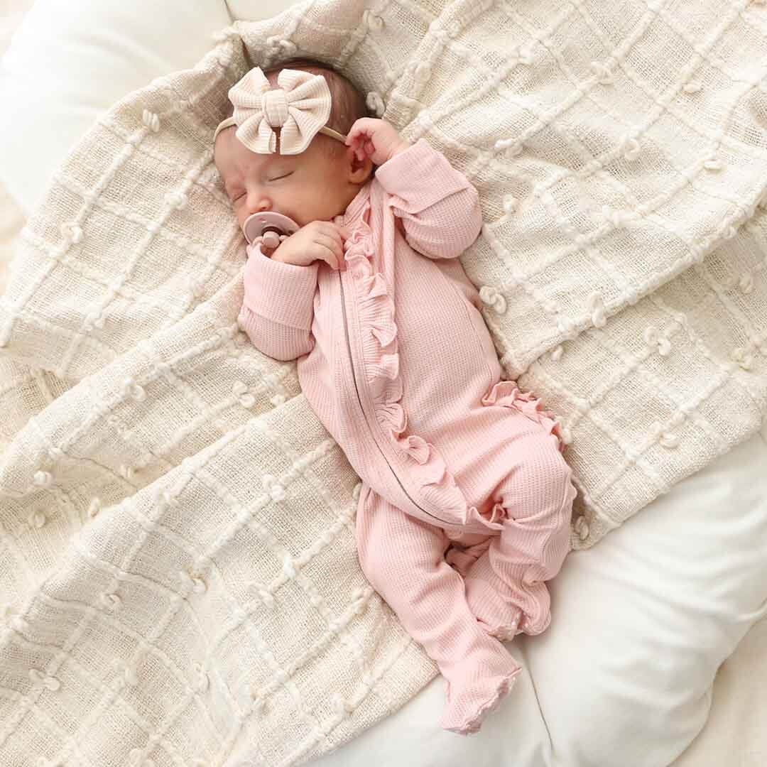 Lovely Pink Waffle Zipper Ruffle Footie