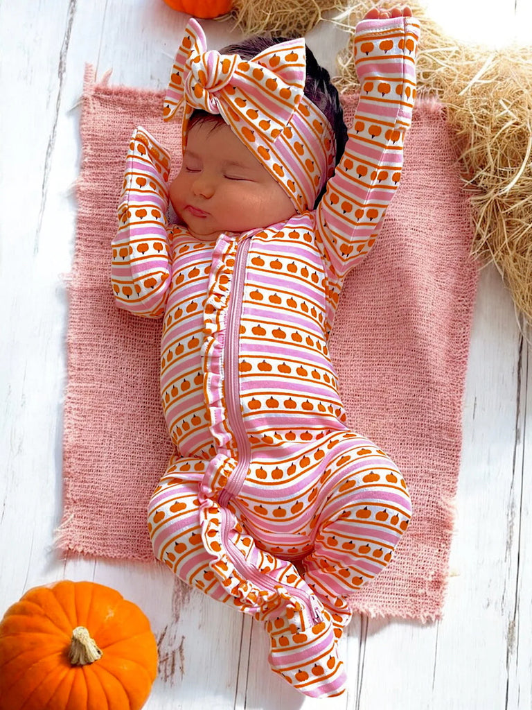 Pumpkin Stripe Pink Frill Zip Footie