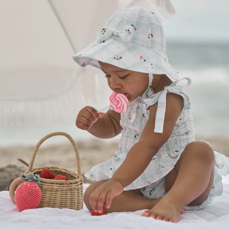 Strawberry Picnic Swiss Dot Smocked Tie Top