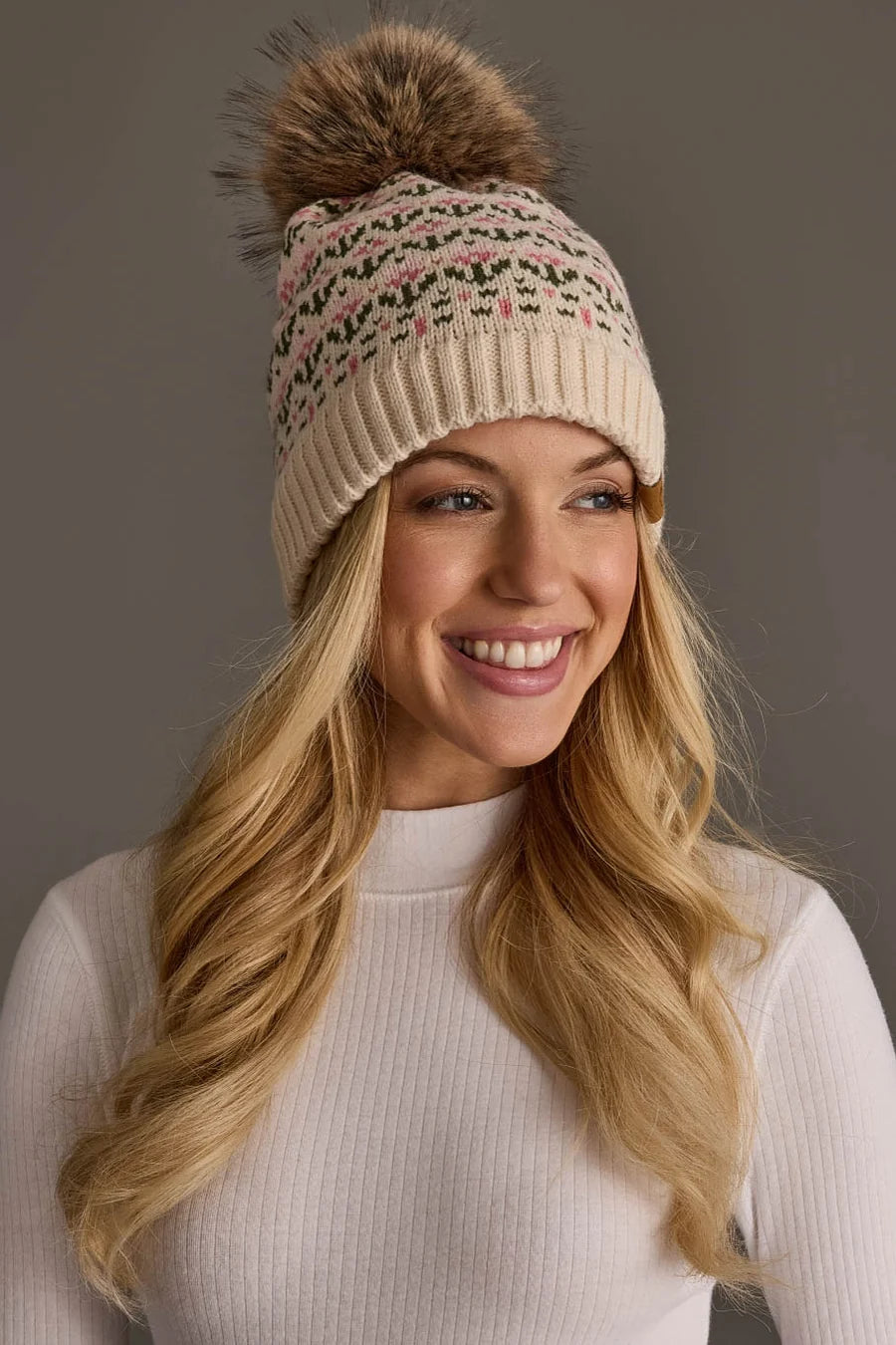 Cream & Pink Floral Pattern Pom Hat