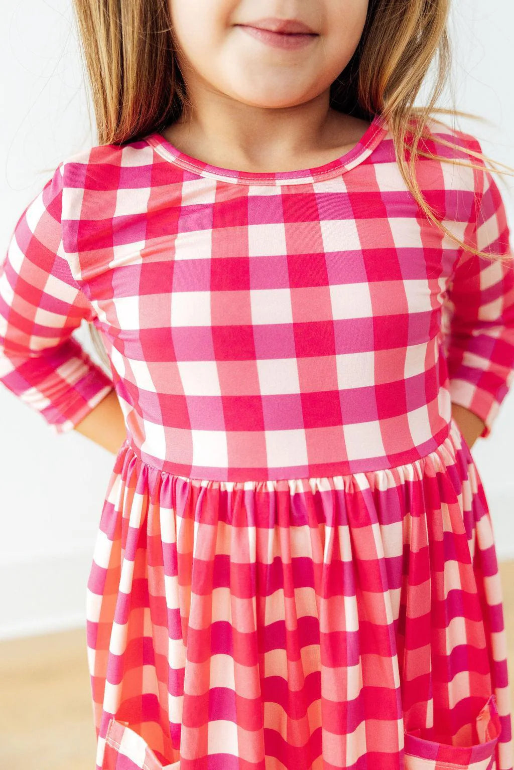 Hot Pink Gingham 3/4 Sleeve Pocket Twirl Dress
