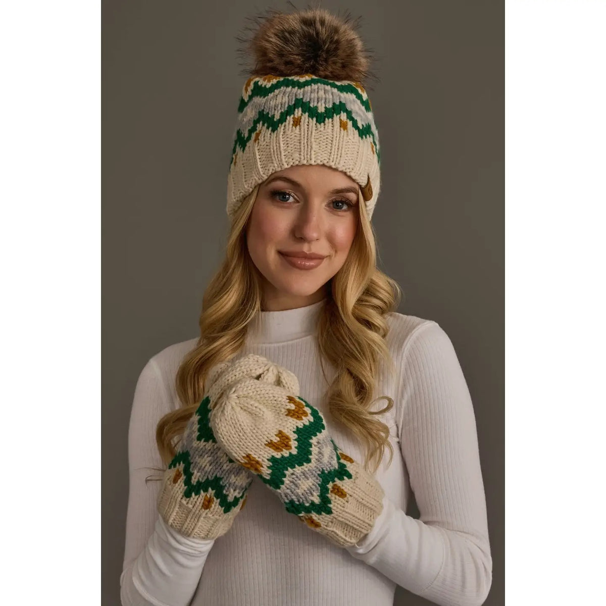 Cream, Gold, Green & Gray Patterned Mittens