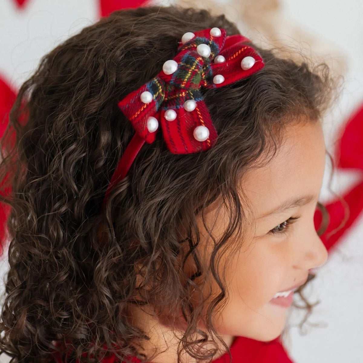 Christmas Tartan Pearl Bow Baby Headband