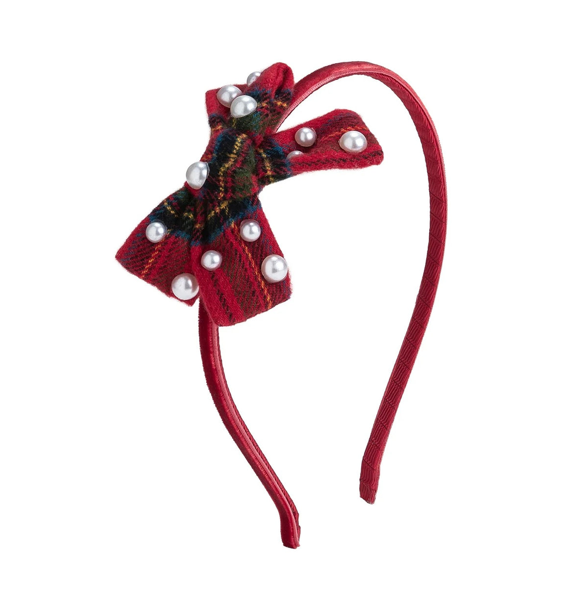 Christmas Tartan Pearl Bow Baby Headband