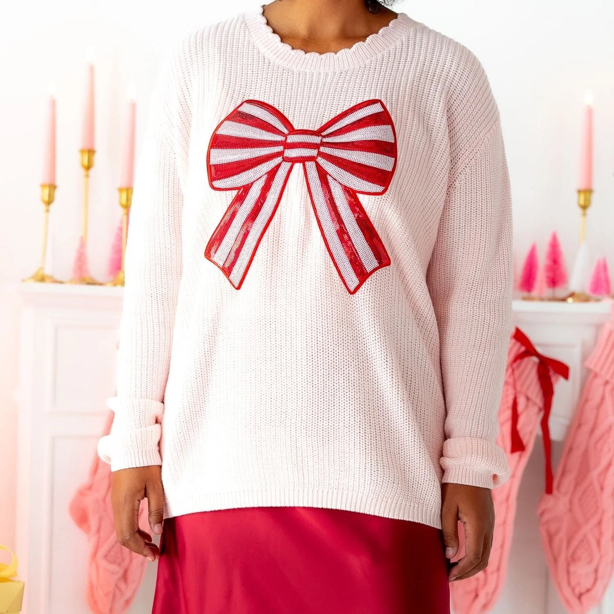 Women's Candy Cane Sequin Bow Patch Christmas Sweater