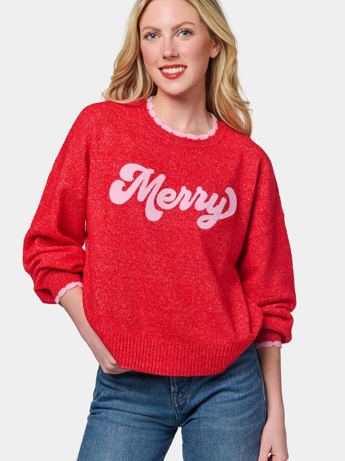 RED MERRY SCALLOP TRIM SWEATER