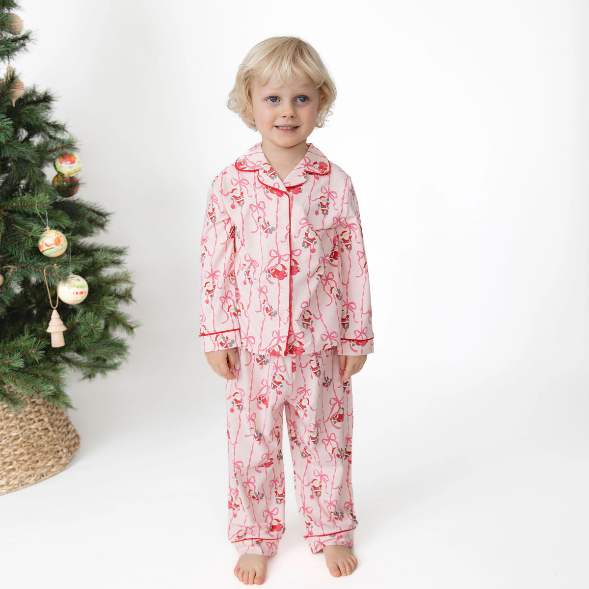 Bows & Santa - Kids Long Sleeve Coat Style with Pant