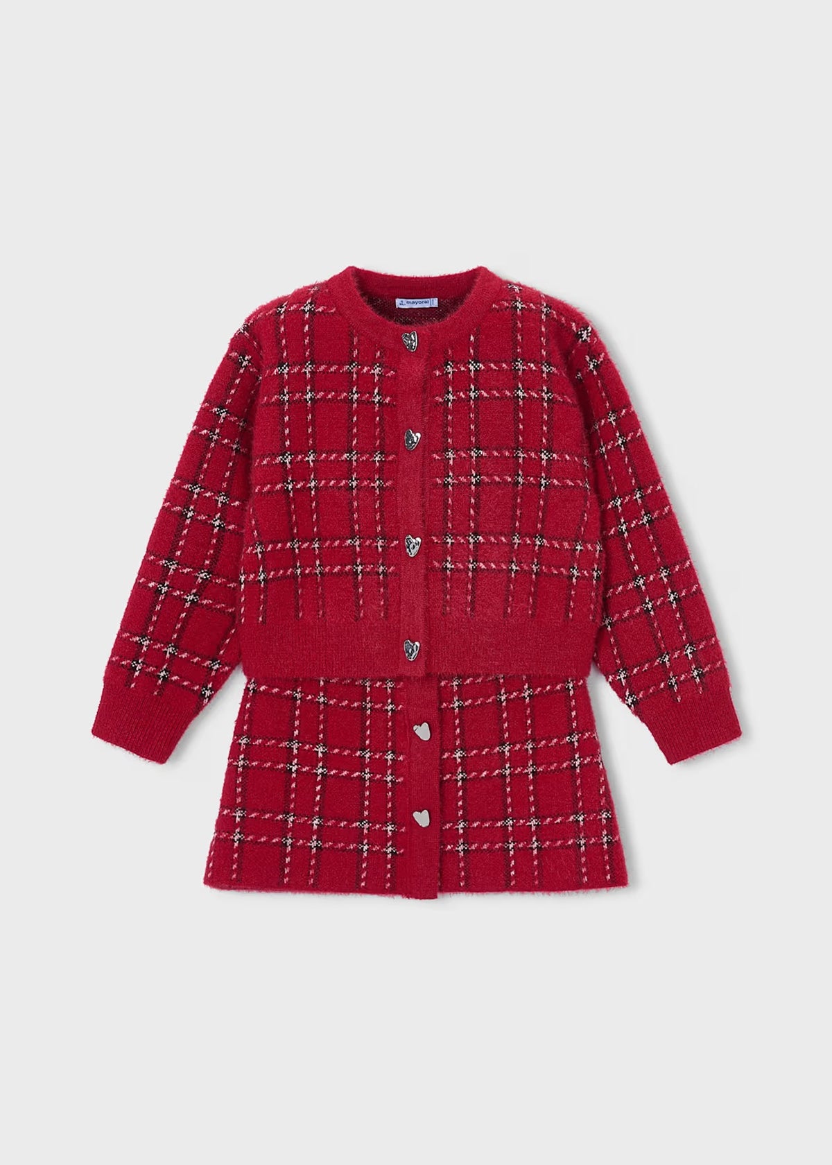 Red Plaid Girl Skirt and Knit Cardigan Set