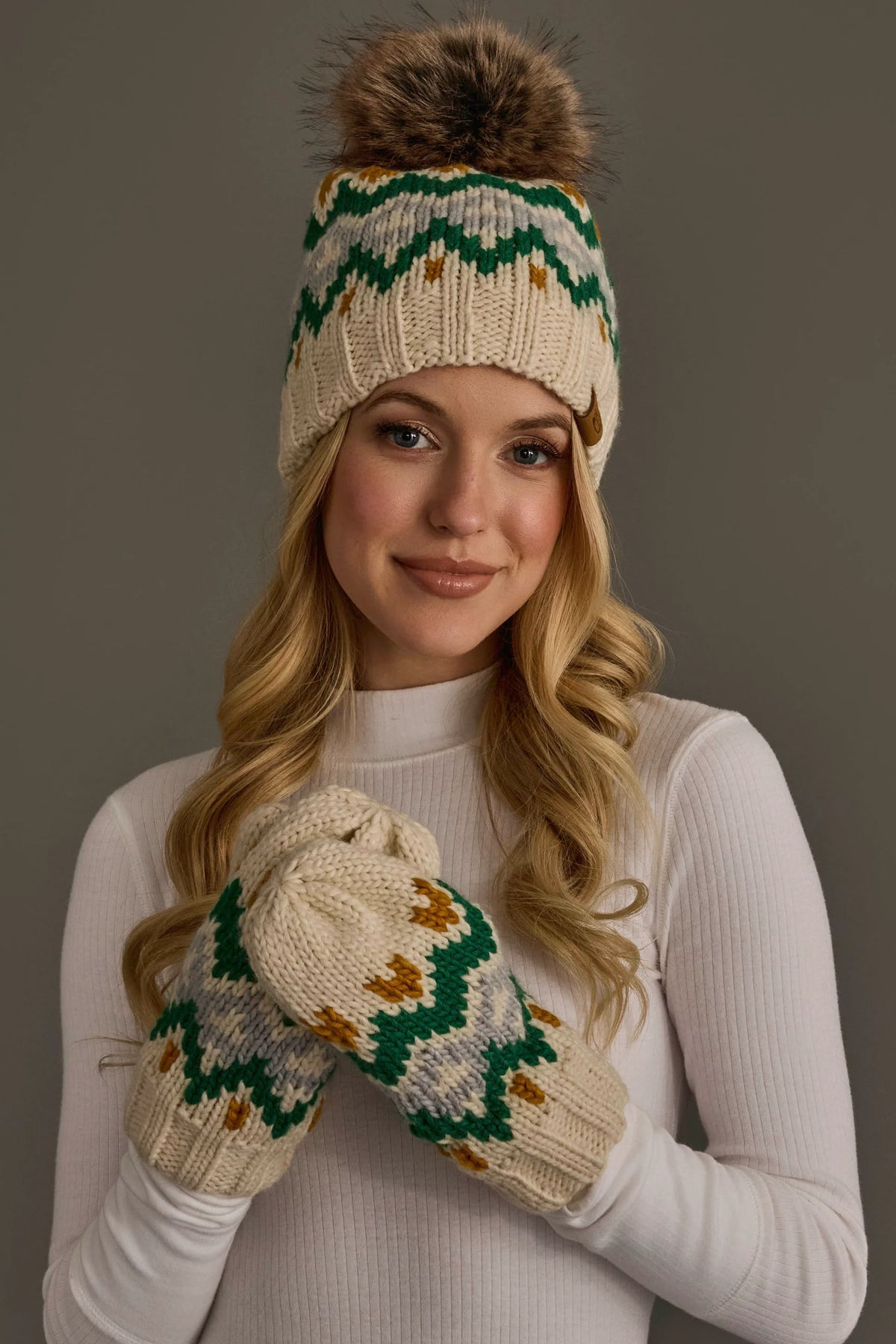 Cream, Gold, Green & Gray Patterned Mittens