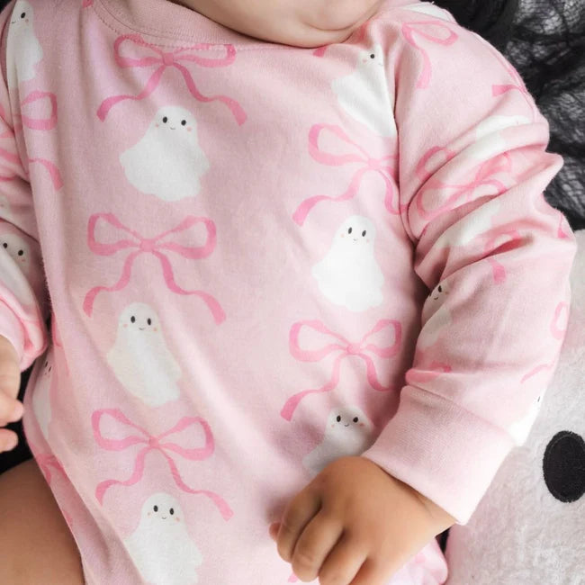 Coquette Ghost Halloween LS  Romper - Pink