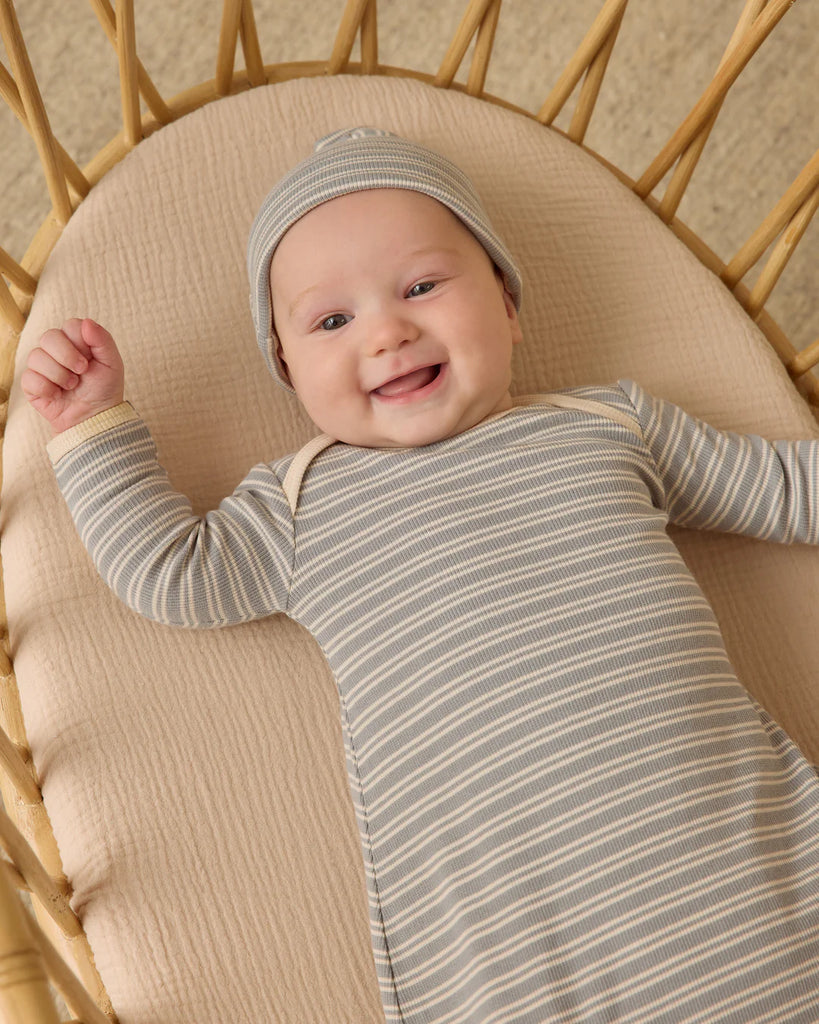 KNOTTED BABY GOWN + HAT SET || STEEL BLUE MICRO STRIPE