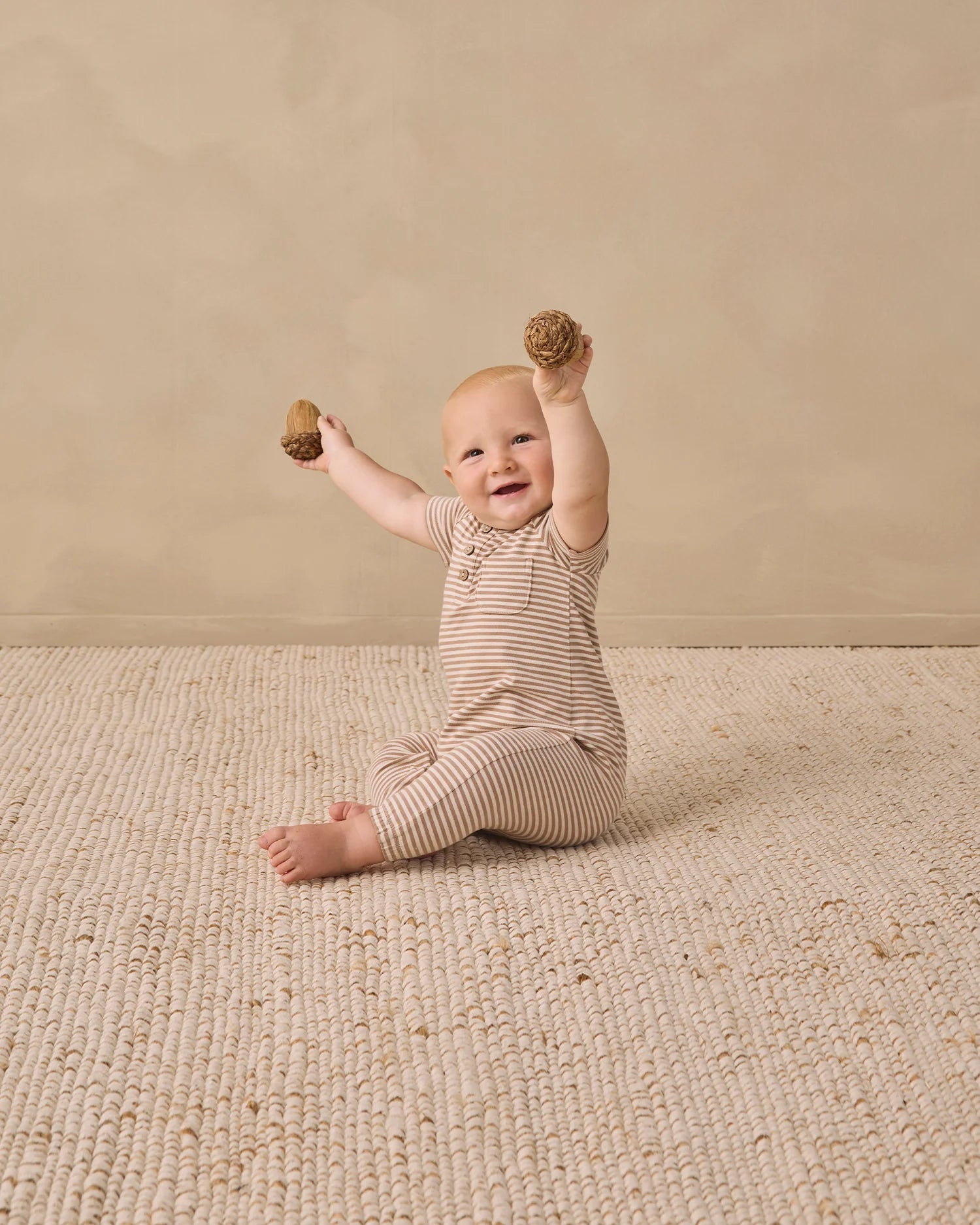 SHORT SLEEVE JUMPSUIT ALMOND STRIPE