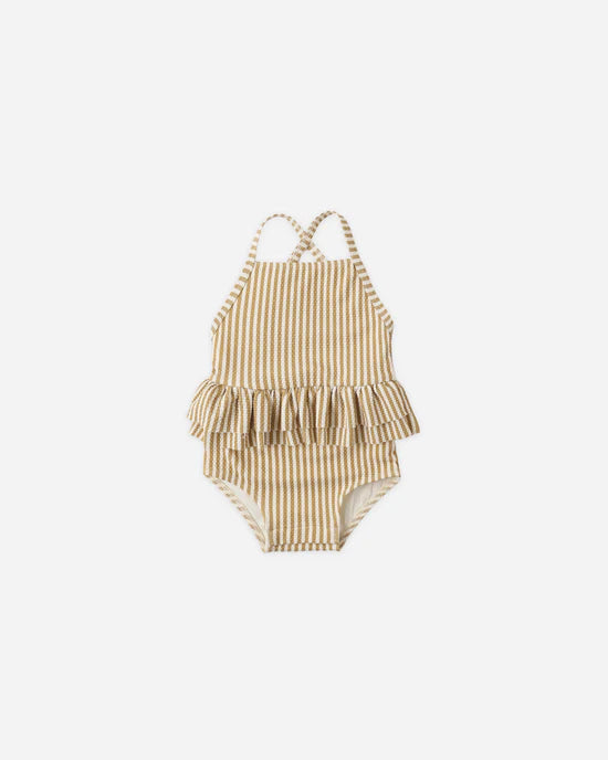 RUFFLED ONE-PIECE SWIMSUIT HONEY STRIPE SMALL