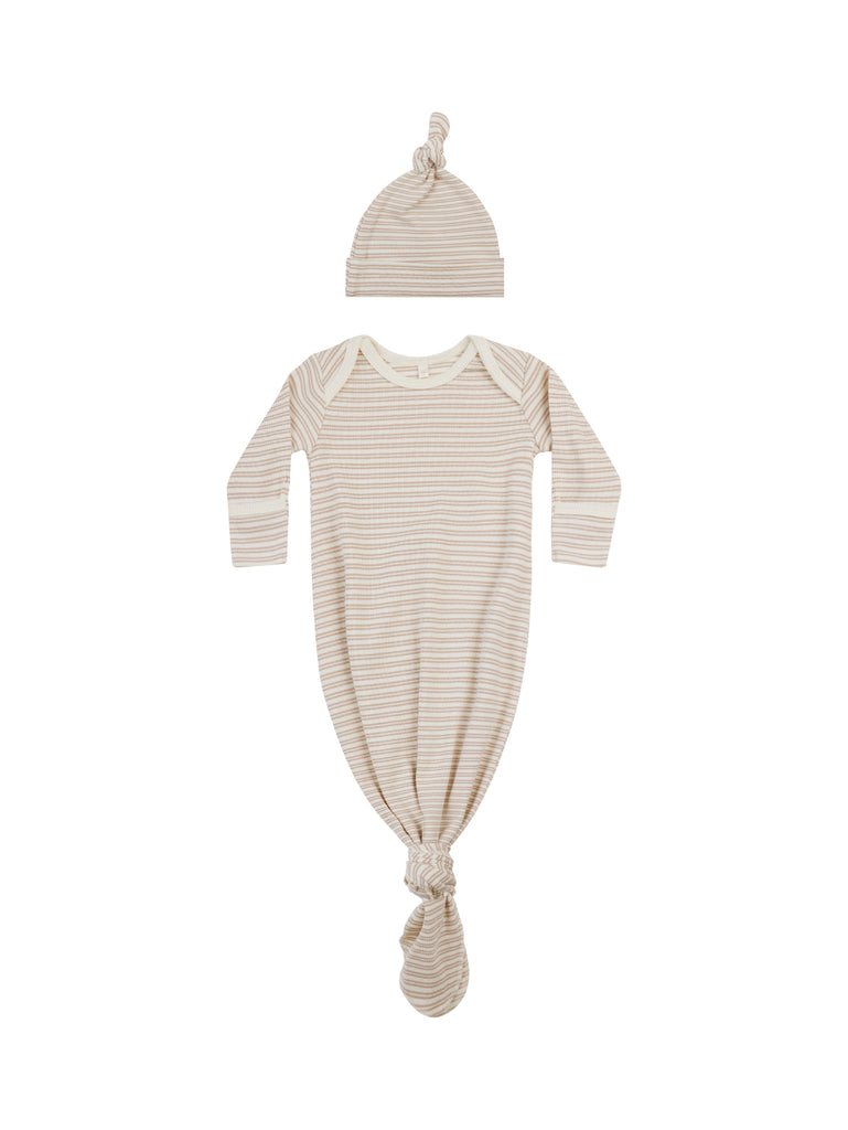 KNOTTED BABY GOWN + HAT SET || OAT STRIPE