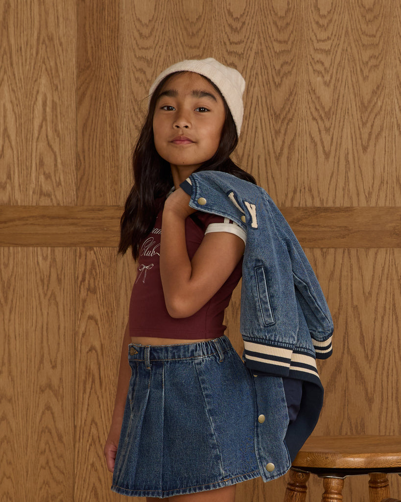 PLEATED DENIM SKIRT || INDIGO DENIM