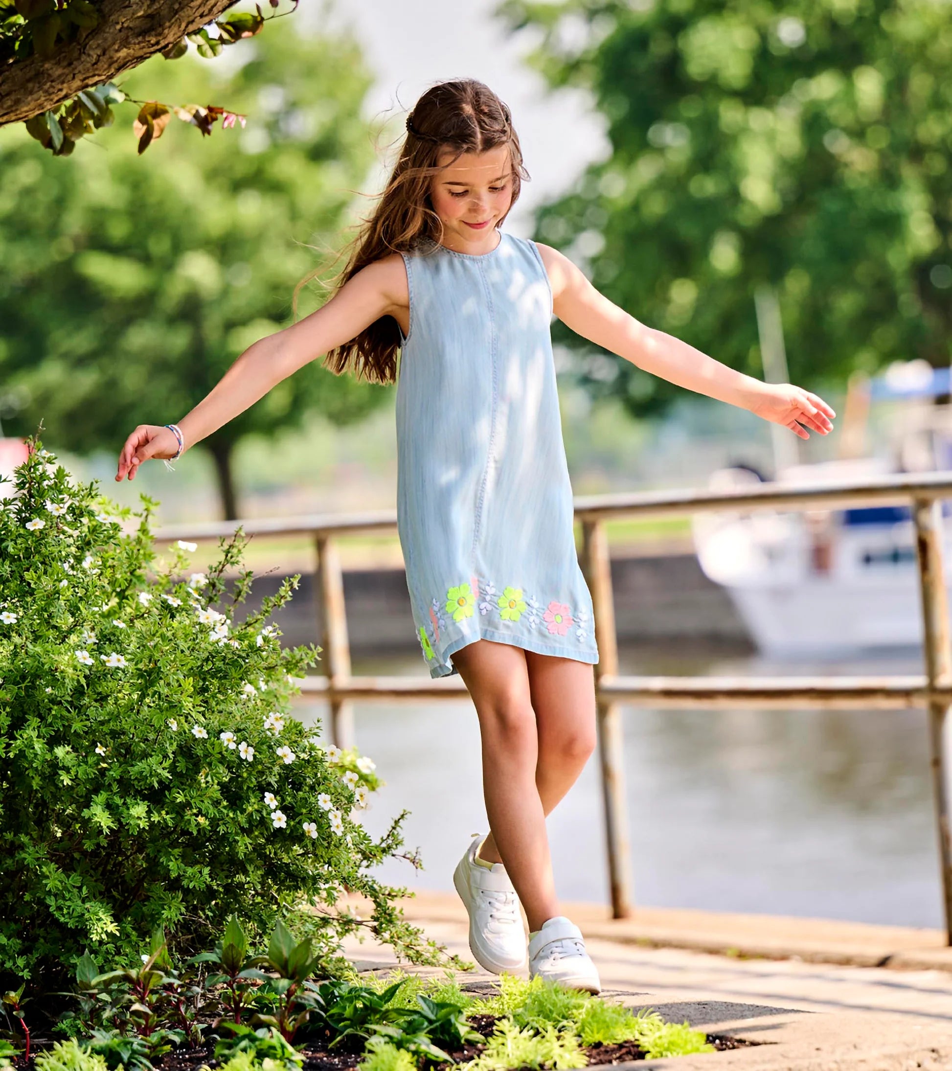 soft blue tencel embroidered pinafore dress