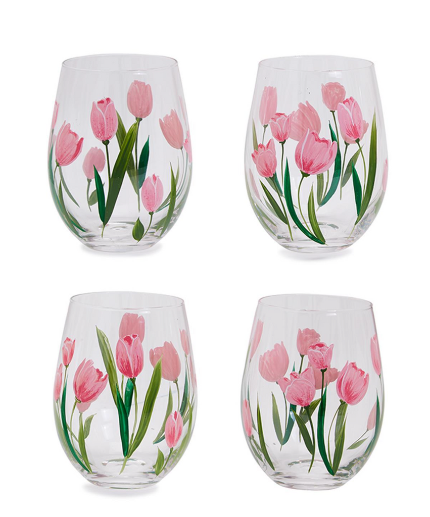 Pink Tulip Stemless Wine Glass