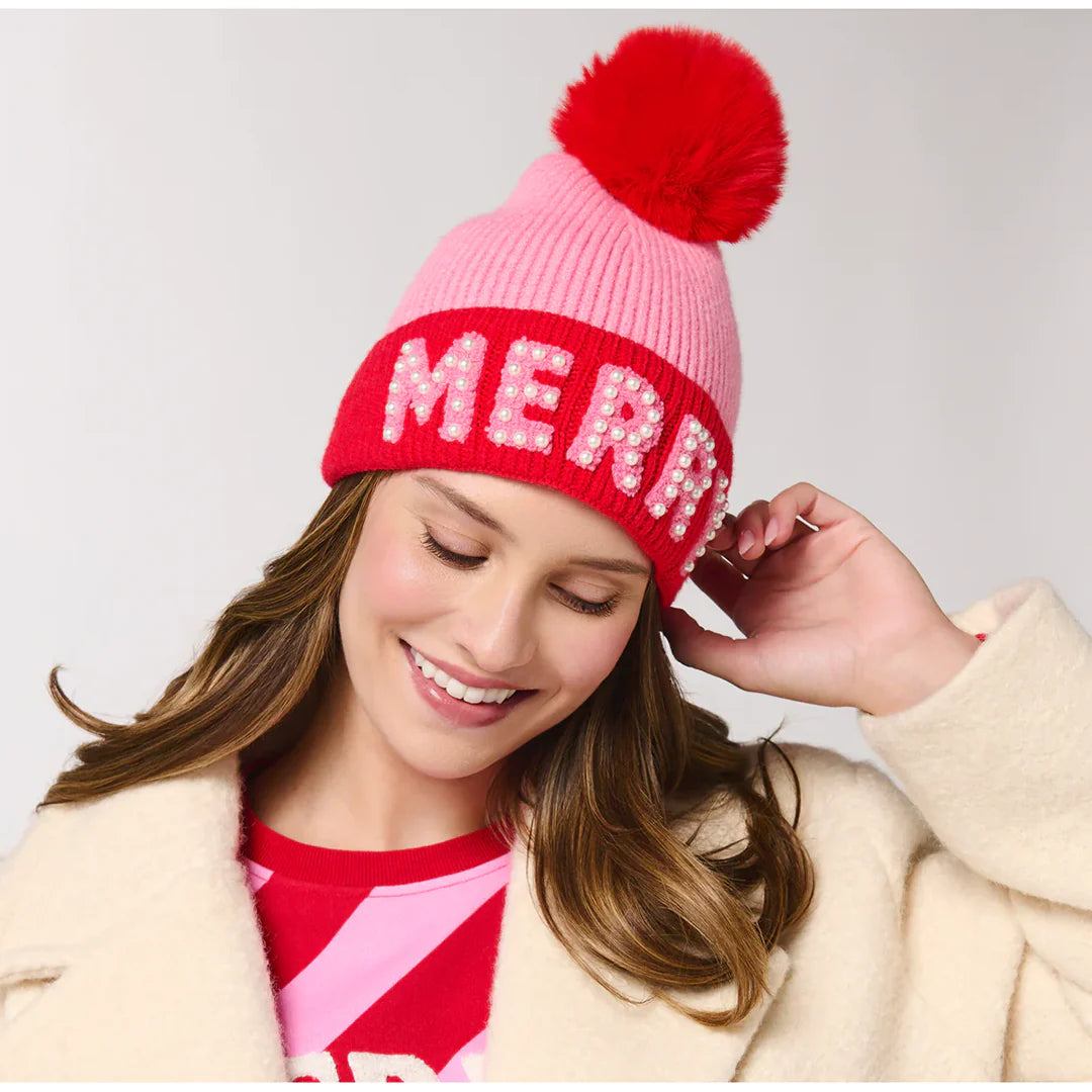 Merry Beanie with Pearls Pink/Red